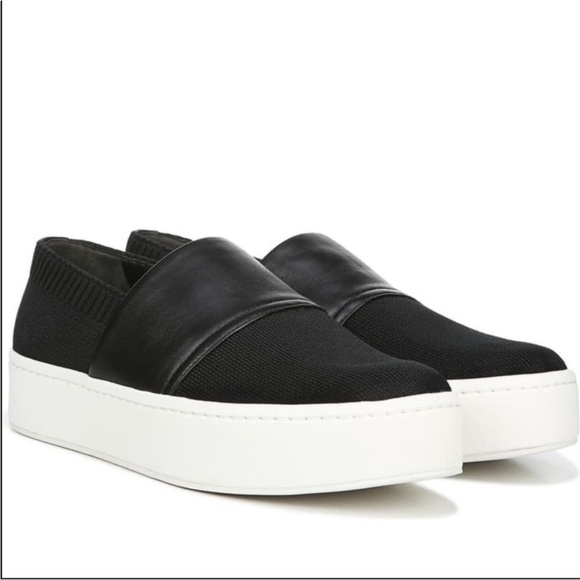 Vince Ward Shoes Black Knit Leather Platform Slip On Sneakers Loafer - Picture 1 of 14